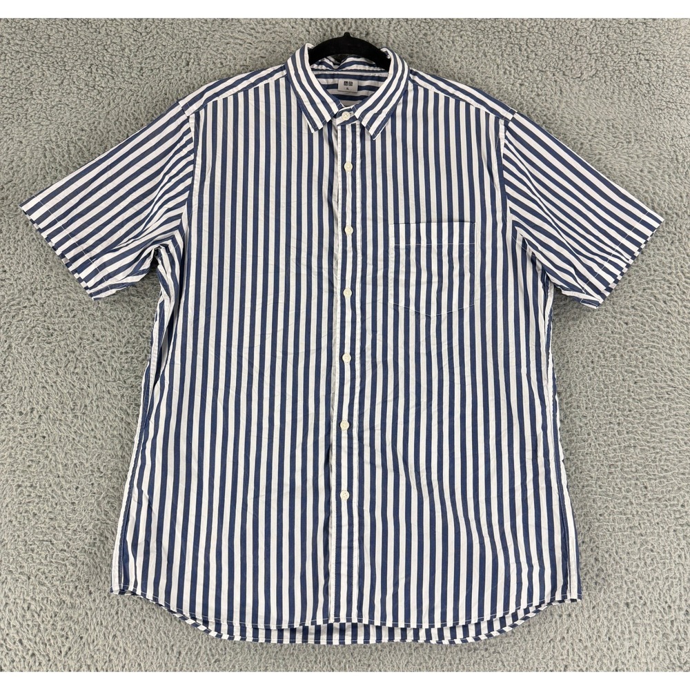 Uniqlo Button Down Shirt Mens XL Blue White Striped Short Sleeve 331-421853